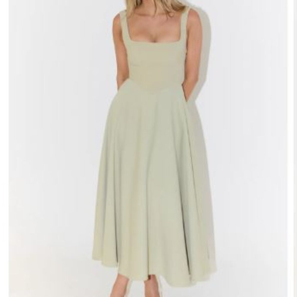 Odd Muse High Waist Square Neck Midi Dress Sage Green